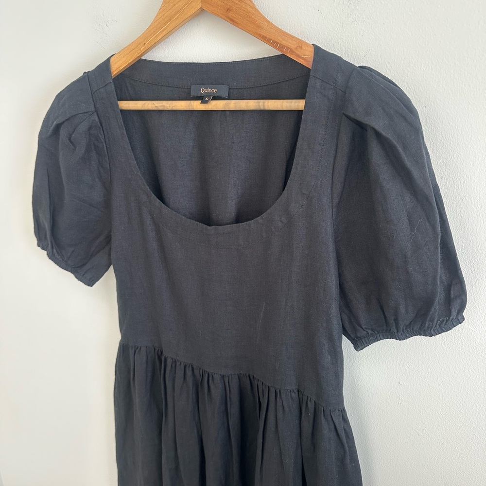 Quince maternity black linen midi dress square neckline and puff sleeves size S - Picture 3 of 11
